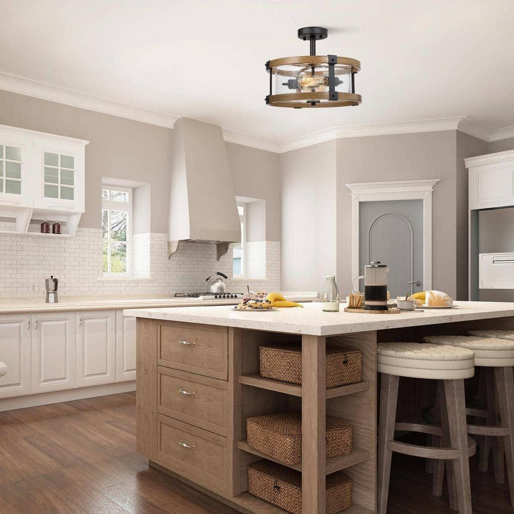 LNC Farmhouse 2-Light Semi-Flush Mount Light with Seeded Glass Shades 15",Brown Wood&Black