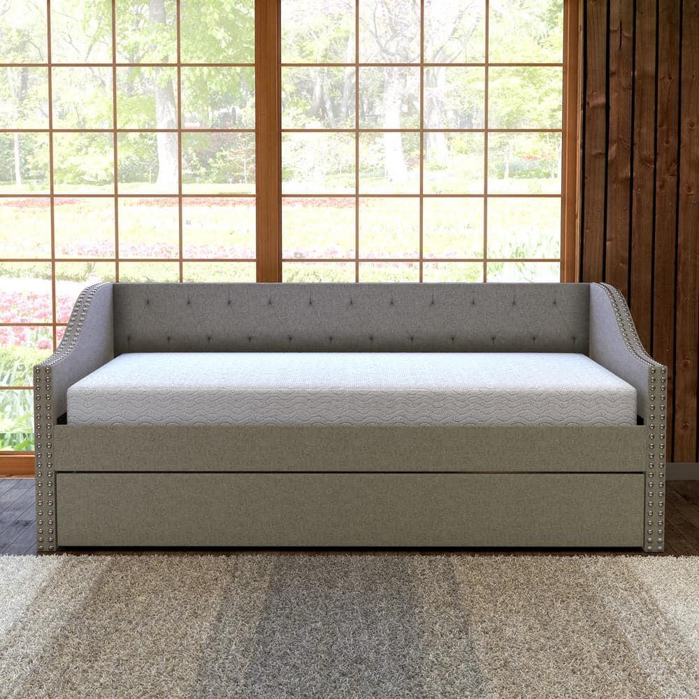 Manchester Twin Size Daybed with Wheeled Trundle, Gray Linen, with Tufted Upholstery and Nailhead Trim