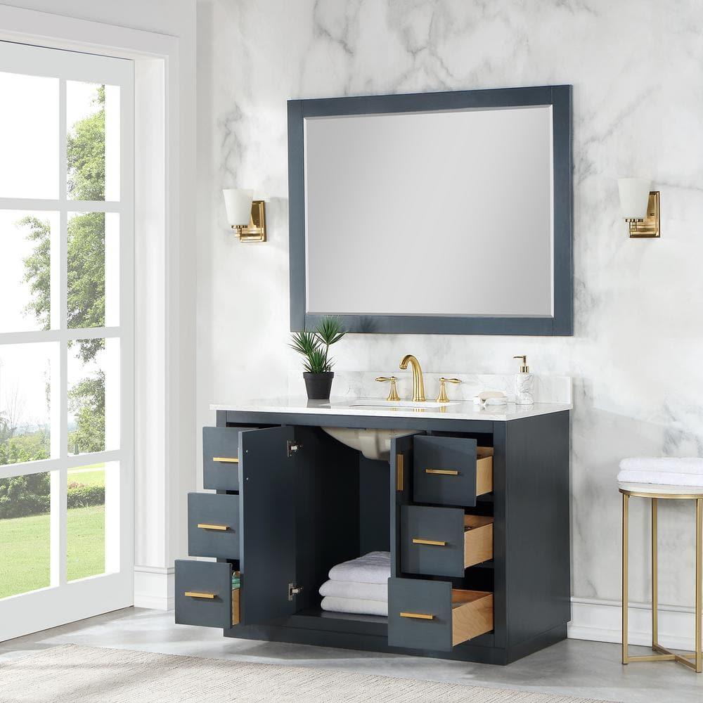 Gazsi 48" Single Bathroom Vanity Set in Charcoal Blue with Grain White Composite Stone Countertop without Mirror