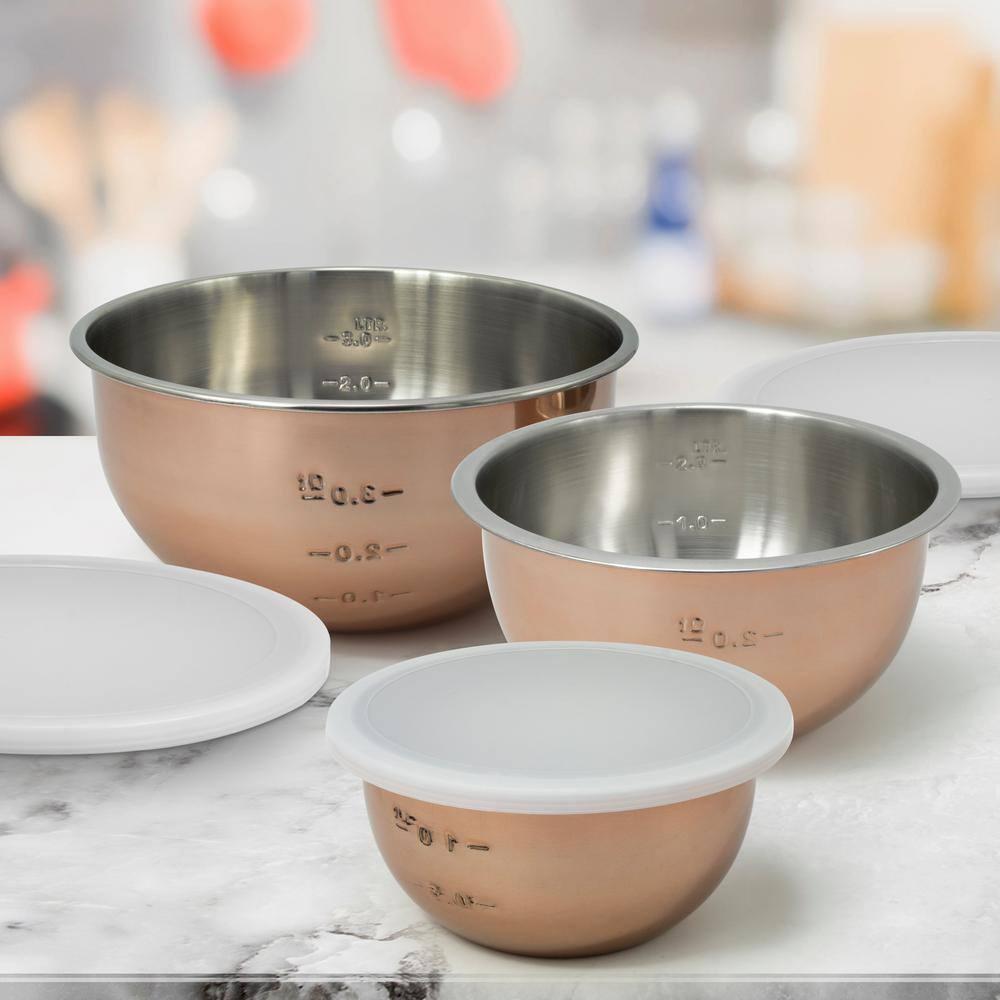 1.5Qt, 3Qt, 5Qt, Copper Tone Stainless Steel Mixing Bowl Set w/Plastic Lids