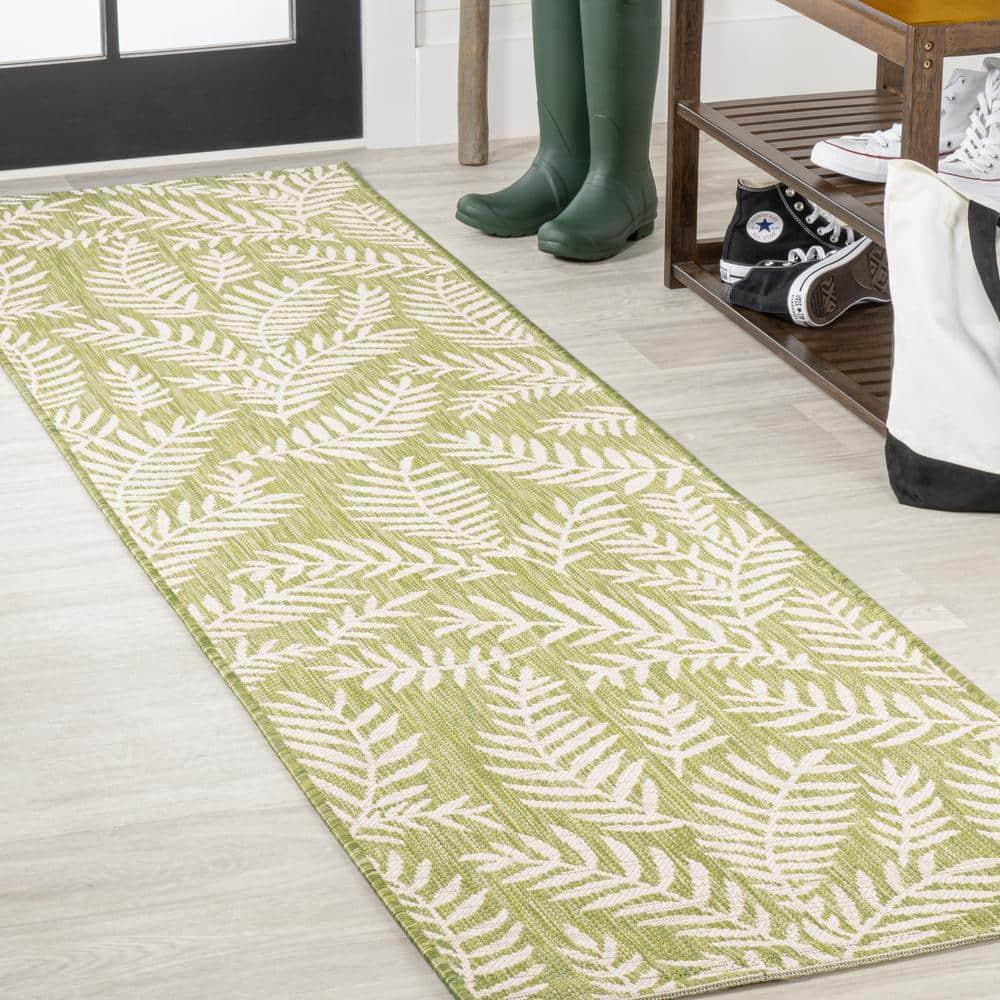 2' x 10' Nevis Palm Frond Indoor/Outdoor Runner Rug, Green/Cream - JONATHAN Y