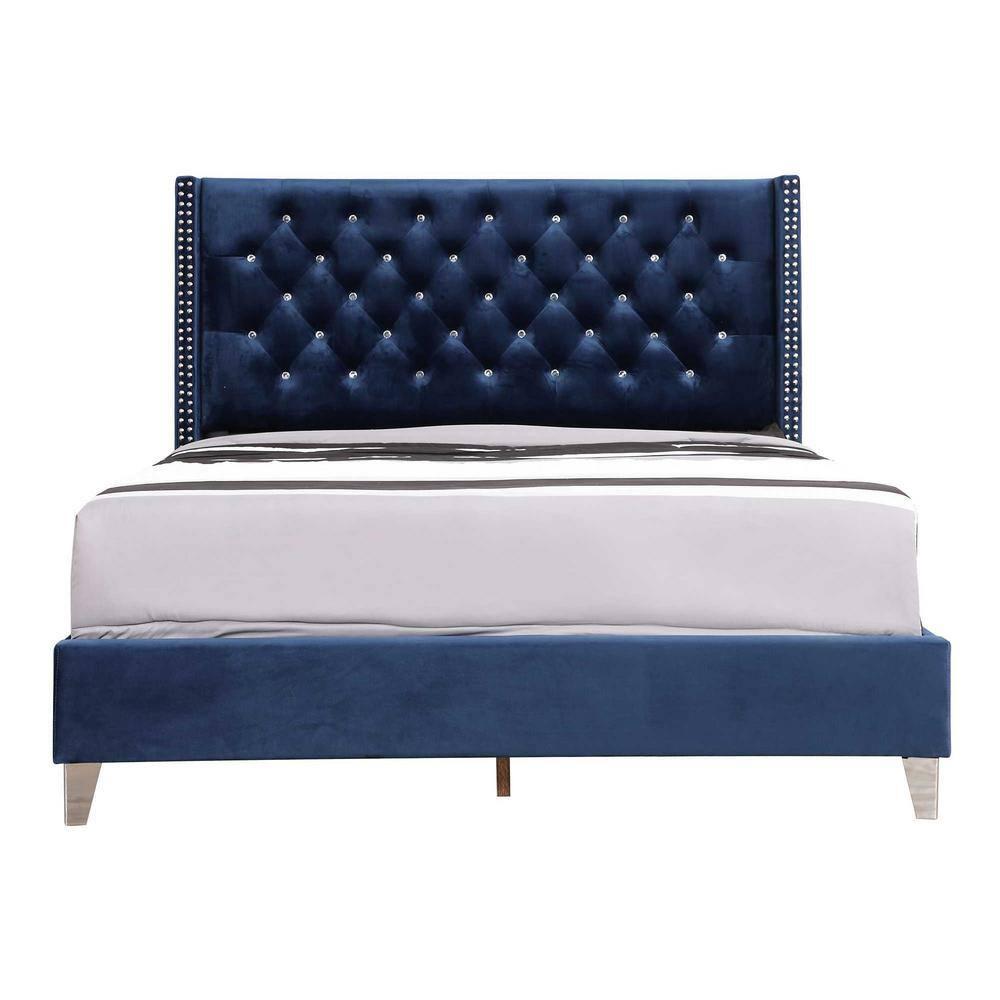Passion Furniture Julie Navy Blue Tufted Upholstered Low Profile Queen Panel Bed
