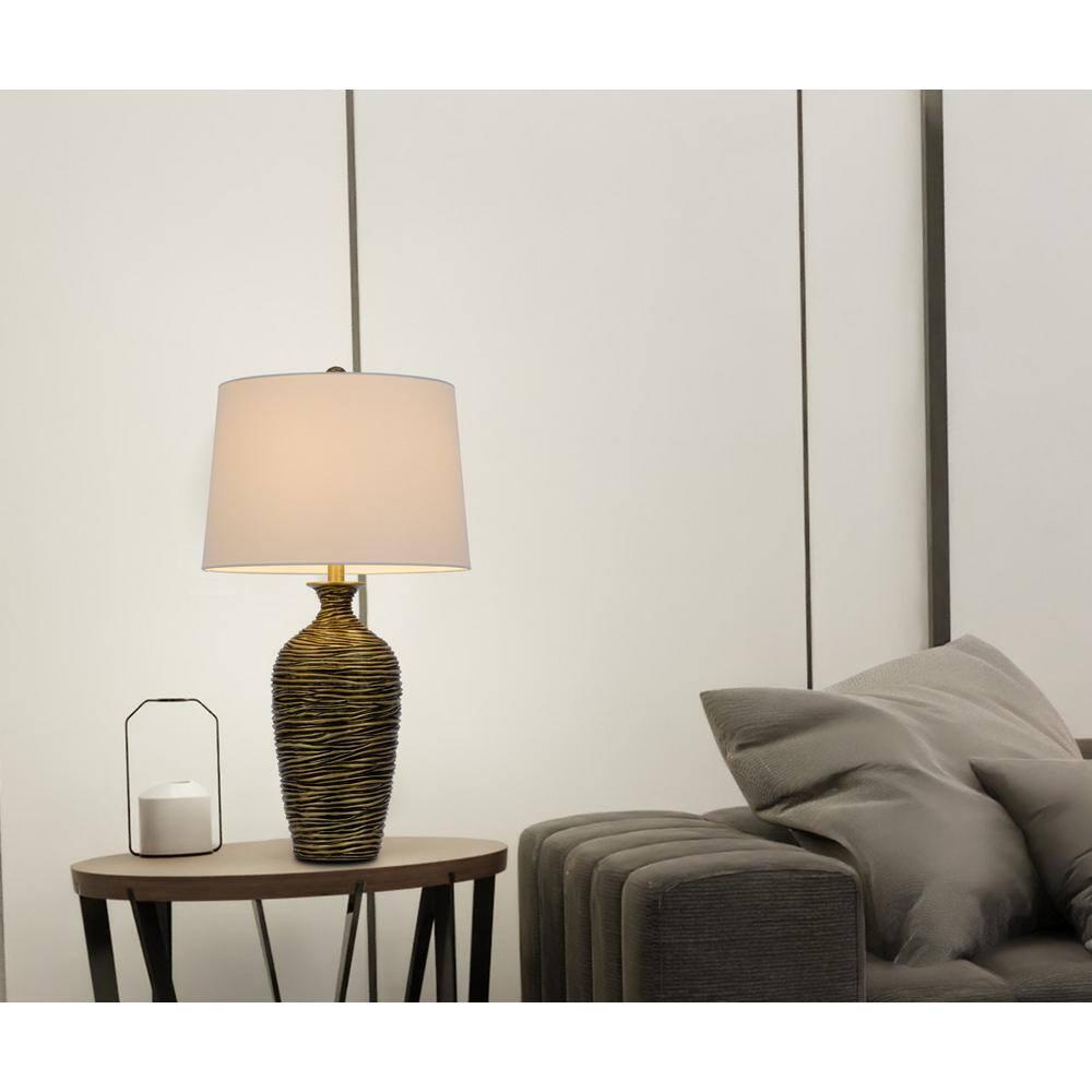 150W 3-Way Aurora Resin Table Lamp with Hardback Taper Drum Fabric Shade, Antique Bronze