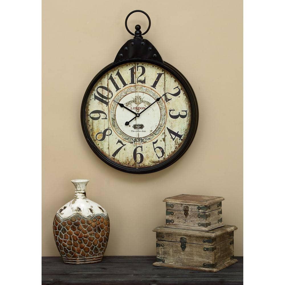 DecMode 20" Black Metal Finial Distressed Pocket Watch Inspired Wall Clock with Beige Clockface