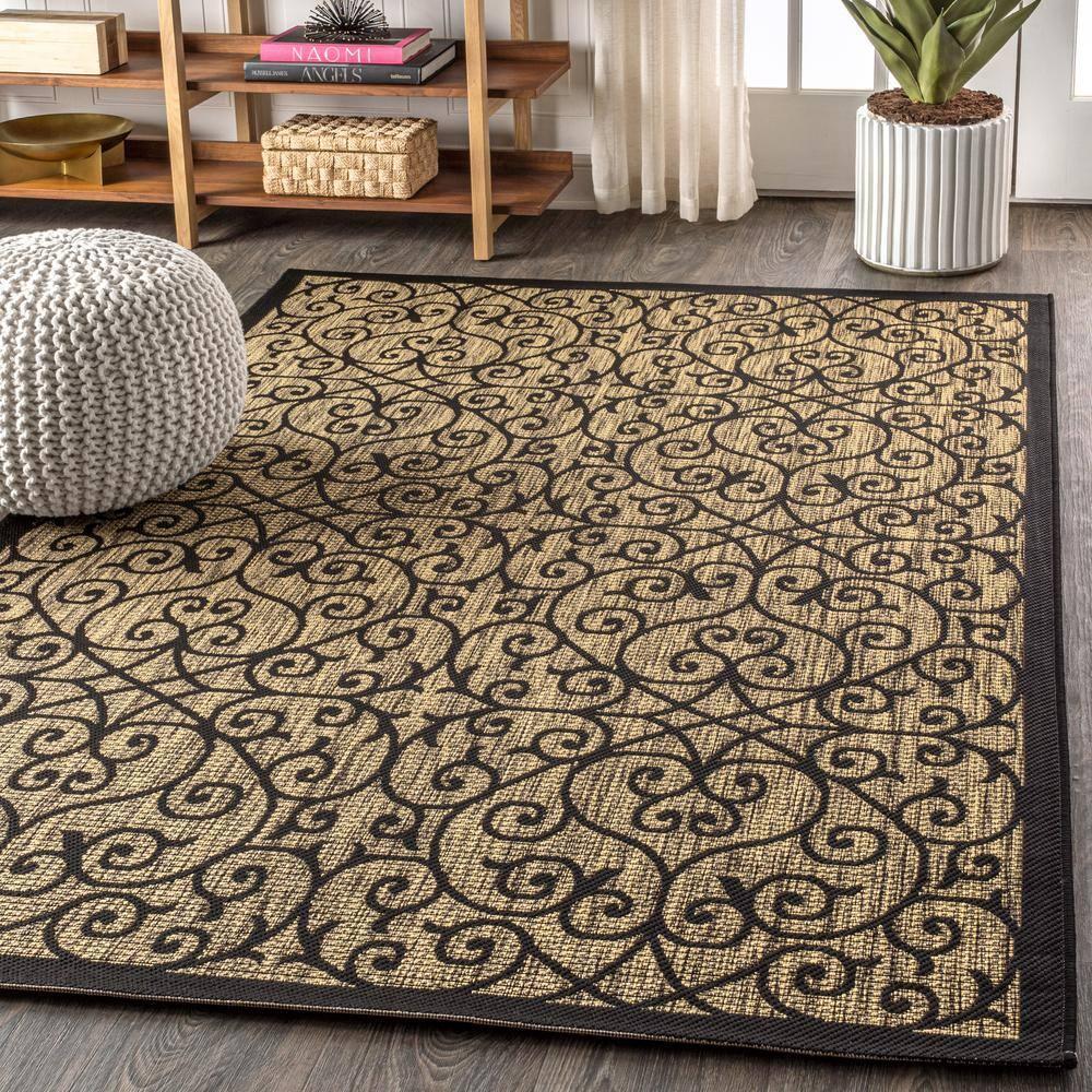 4'x6' Madrid Vintage Filigree Textured Weave Indoor/Outdoor Area Rug, Black/Khaki - JONATHAN Y