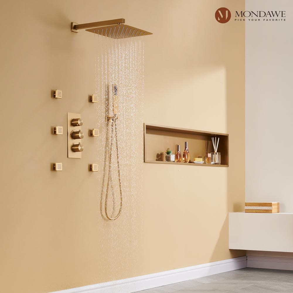 3 Functions Wall Mount Thermostatic Complete Shower System with 6 Body Jets, Rough-in Valve