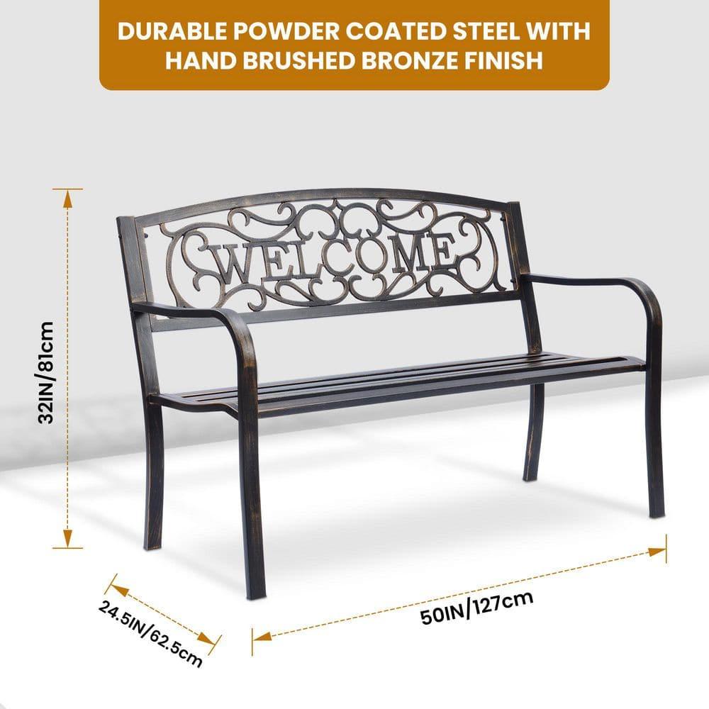 Topcobe Outdoor Furniture Steel Frame Porch Garden Bench, Patio Furniture, Bronze