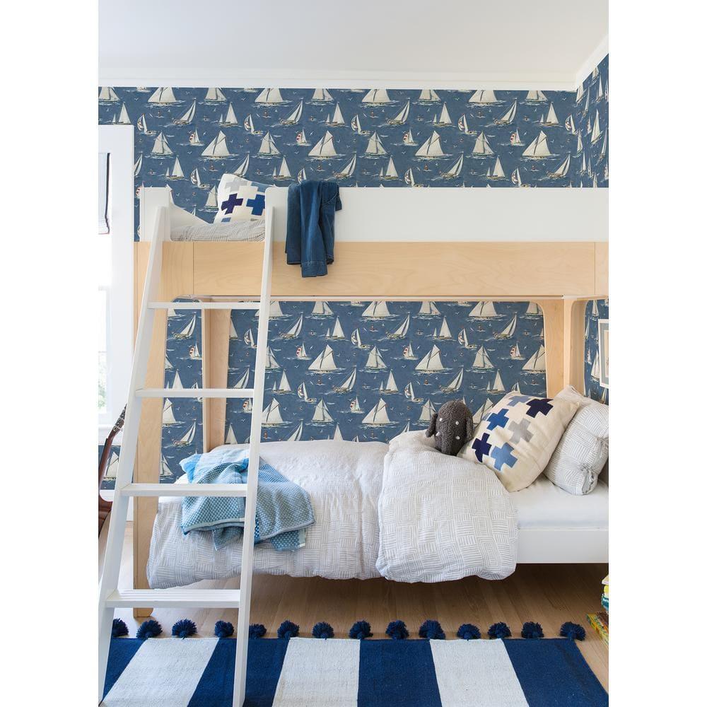Navy Blue Sailboat Pre-Pasted Washable Wallpaper