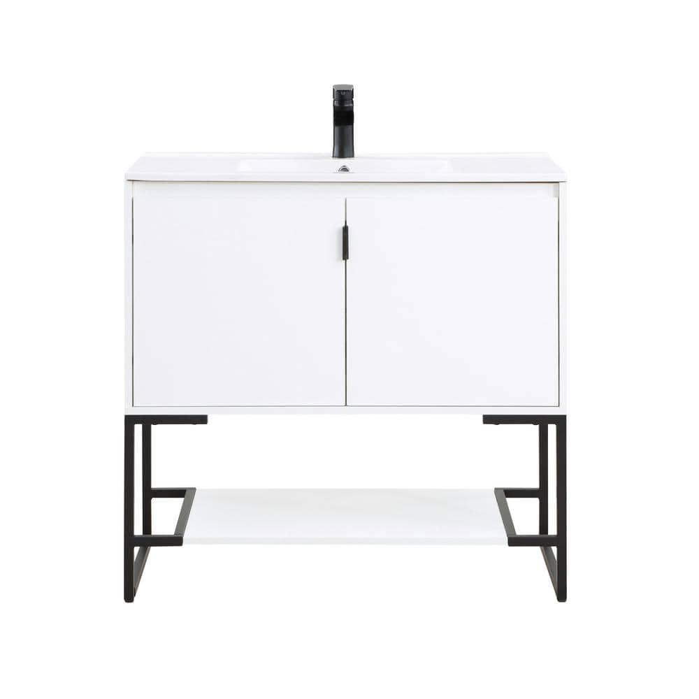 36" Scarsdale Bathroom Vanity Sink White - Manhattan Comfort: Ceramic Surface, Wood Frame, Single Basin