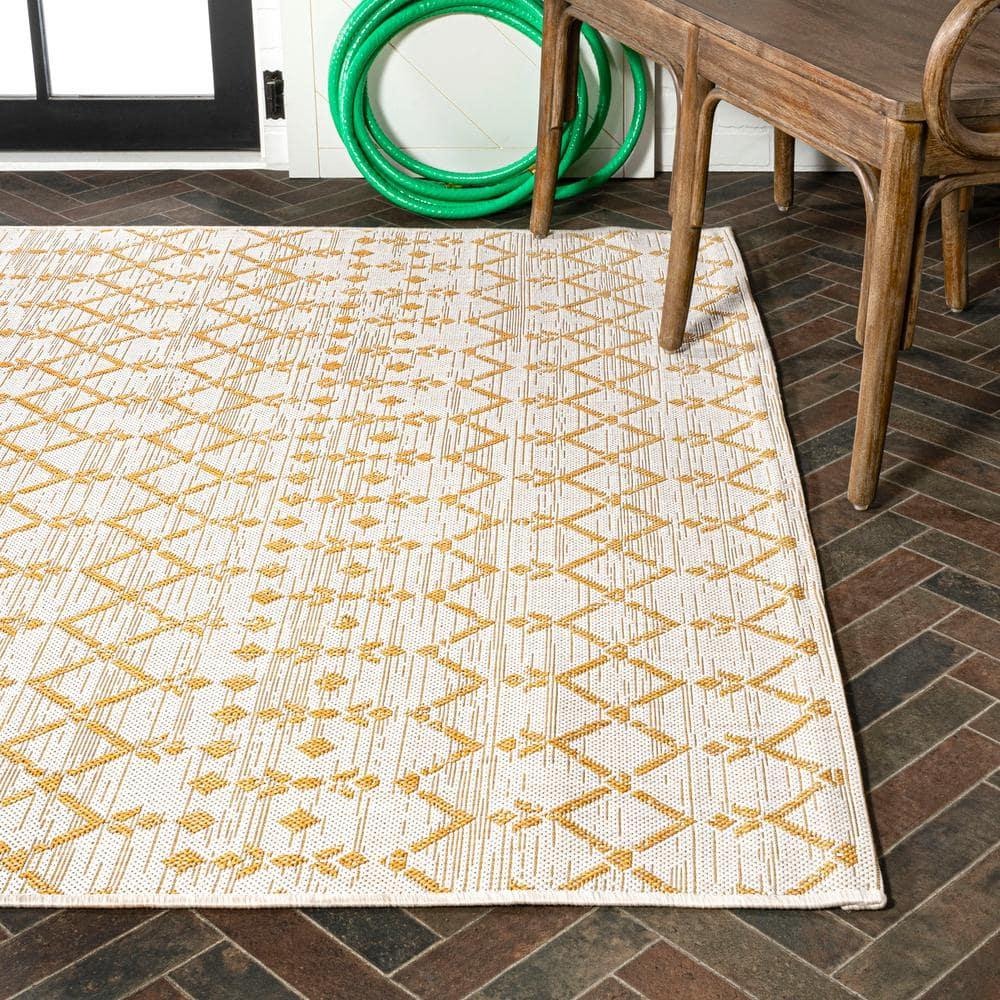 4' x 6' Ourika Moroccan Geometric Textured Weave Indoor/Outdoor Area Rug, Cream/Yellow - JONATHAN Y