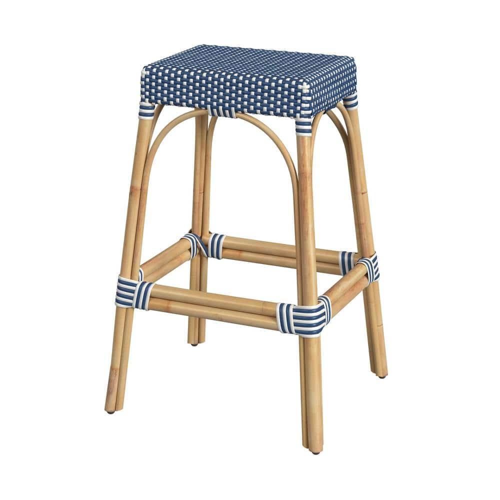 Butler Specialty Company Robias Rectangular Rattan 30" Bar Stool - Blue & White