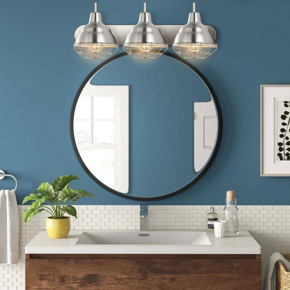 BEAUTY DEPOT 24.5" 3-Light Industrial Farmhouse Vanity Light, Nickel Finish, Led Bulbs Included, Modern Rustic Bathroom, Hallway, Living Room, Bedroom Mirror Cabinet Lighting