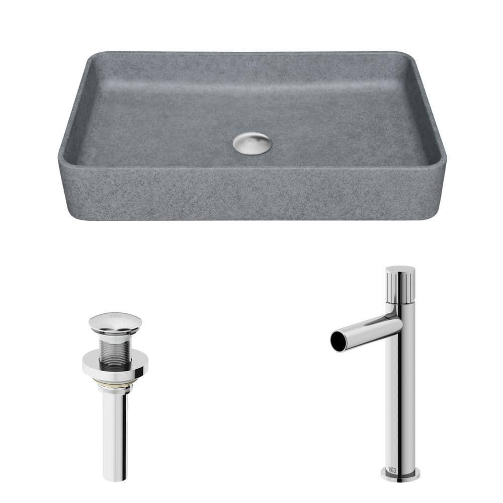 VIGO Tarragona Gothic Ashford Gothic 19" L x 14" W x 4" H Rectangular Concrete Vessel Bathroom Sink with 11" H Faucet VGT2080