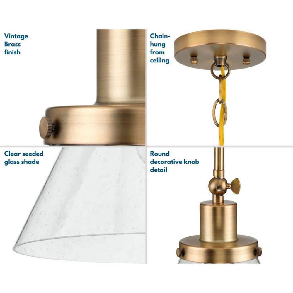 Progress Lighting Hinton 1-Light Industrial Pendant, Vintage Brass, Seeded Glass Shade