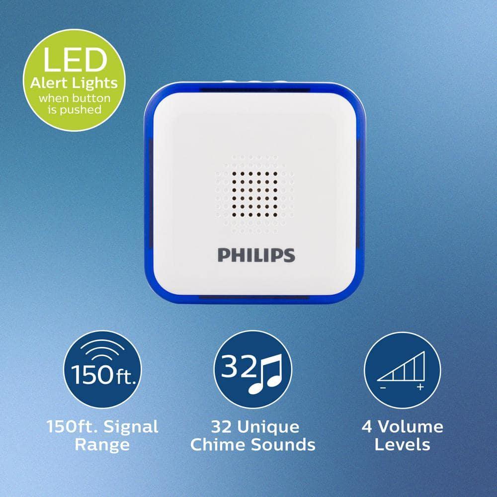 Philips Battery-Operated 32-Melody Door Chime, 1 Receiver, 1 Push Button, White, 6.4in, DES3140W/27