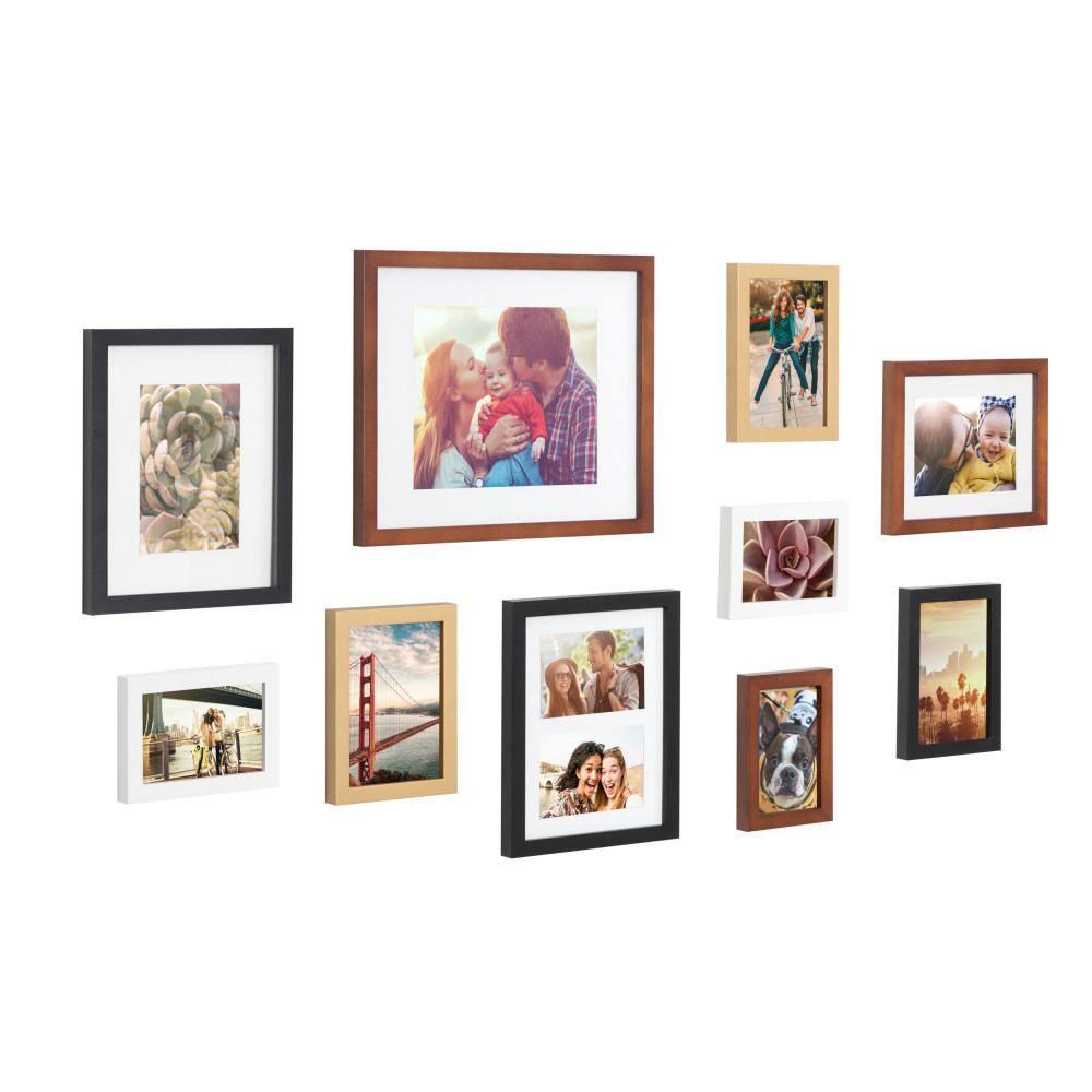 Kate and Laurel Gallery Mid-Century Wood Wall Frame Set, Set Of 10, Walnut Brown, Gold, Black, and White