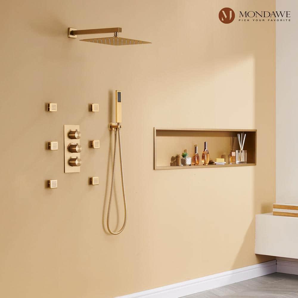 3 Functions Wall Mount Thermostatic Complete Shower System with 6 Body Jets, Rough-in Valve