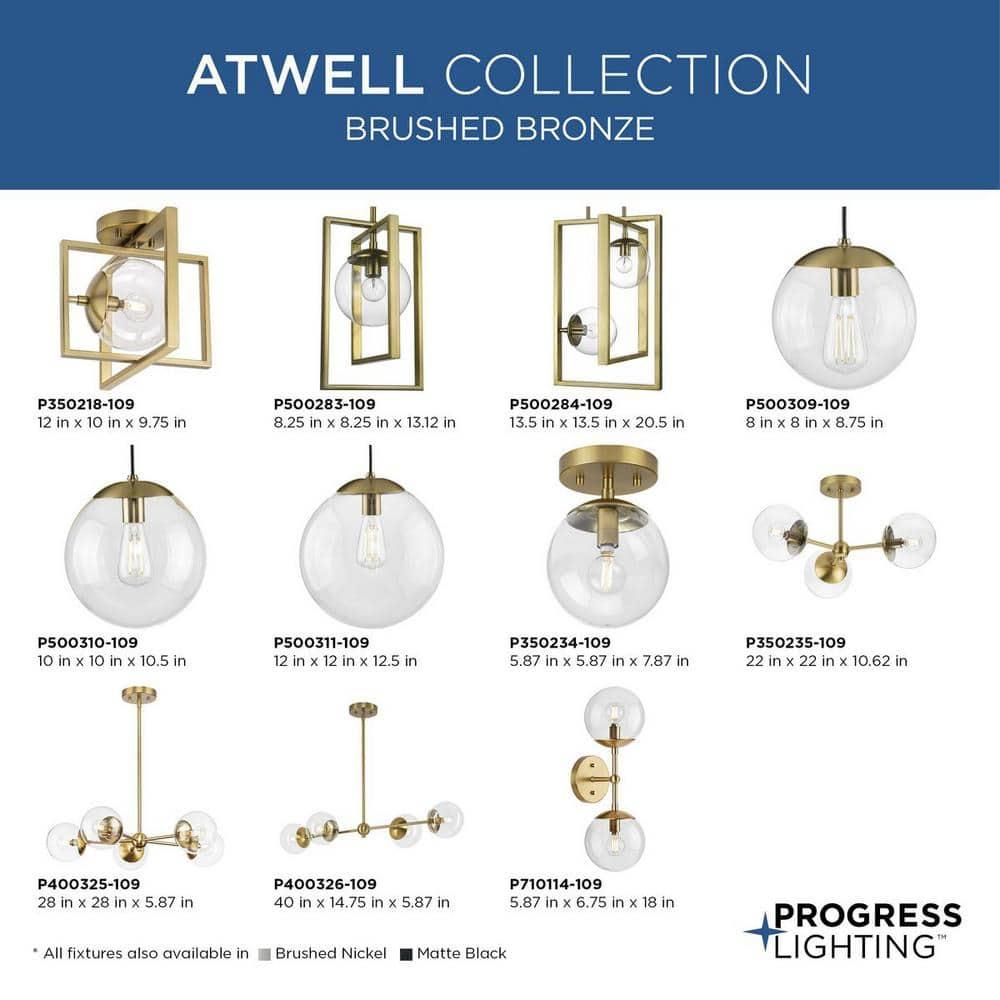 Progress Lighting Atwell 1-Light Semi-Flush Mount Ceiling Light, Brushed Bronze, Clear Globe Shade