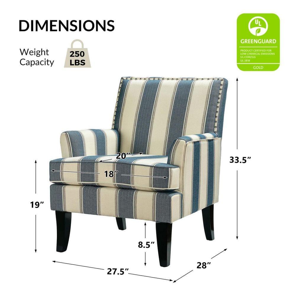 Upholstery Accent Chair Armchair Sofa Couch Lounge Seat Wood Black Legs Nailhead Trim Home Living Room Bedroom Stripe Blue