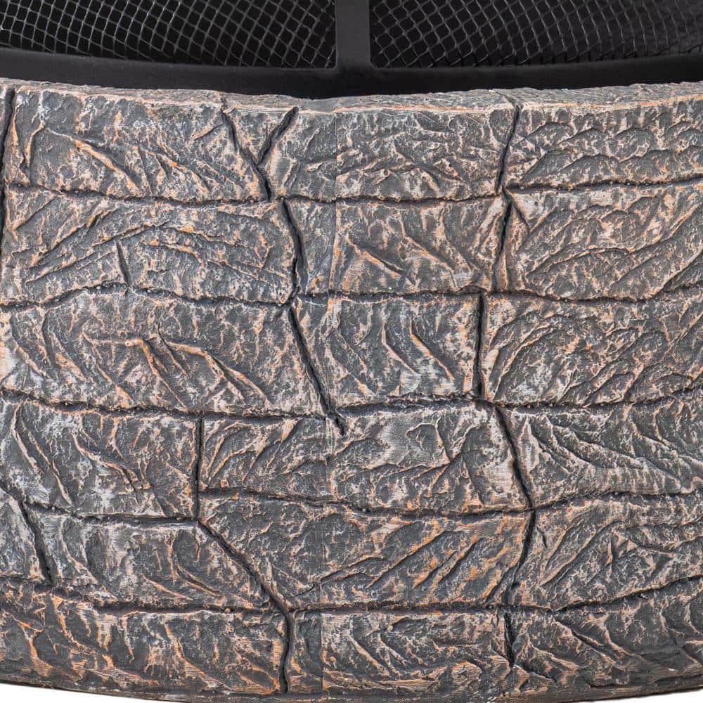 SUNJOY 26 Inch Stone Fire Pit, Patio Outdoor Round Wood Burning Fire Pits for Outside with Spark Screen and Poker, Stone Gray