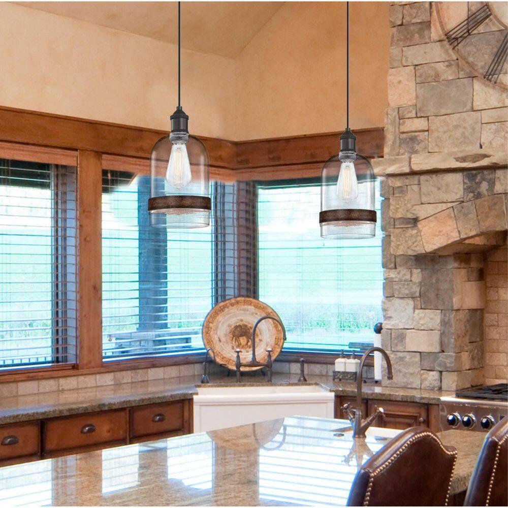 Westinghouse Lighting 6129800 Tarrant One Light Indoor Mini Pendant with Barnwood Band, Black-Bronze & Clear Seeded Glass