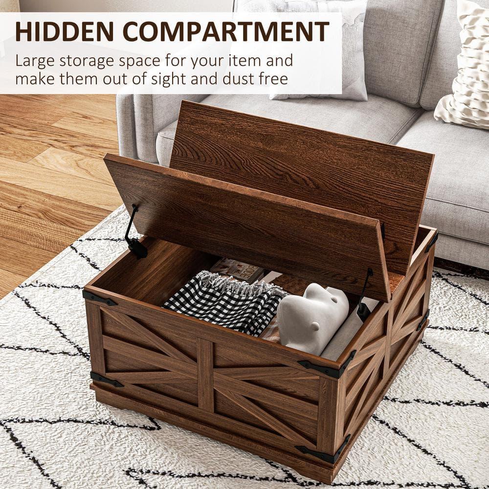 HOMCOM Farmhouse Coffee Table with Flip Top, Hidden Storage Compartment, Square Center Table for Living Room, Distressed Brown