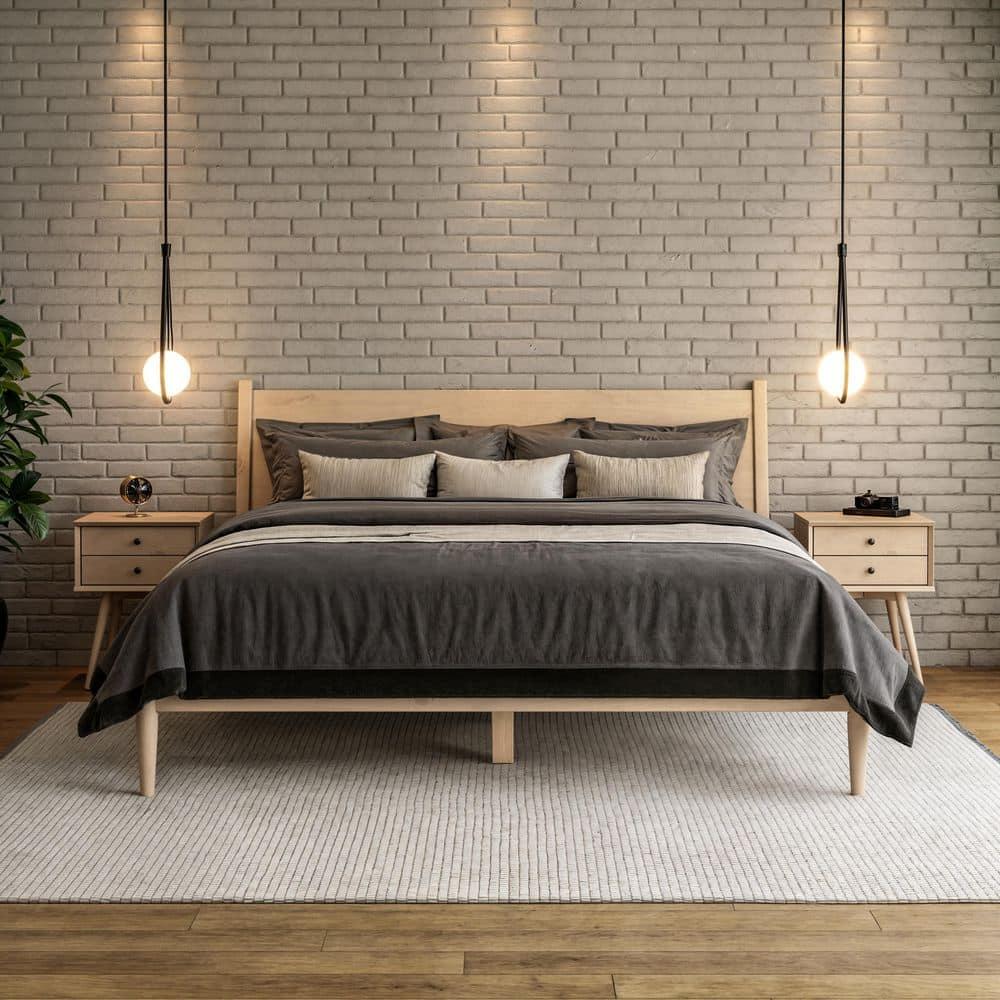 Mid-Century Light Oak King Pine Wood Upholstered Platform Bed