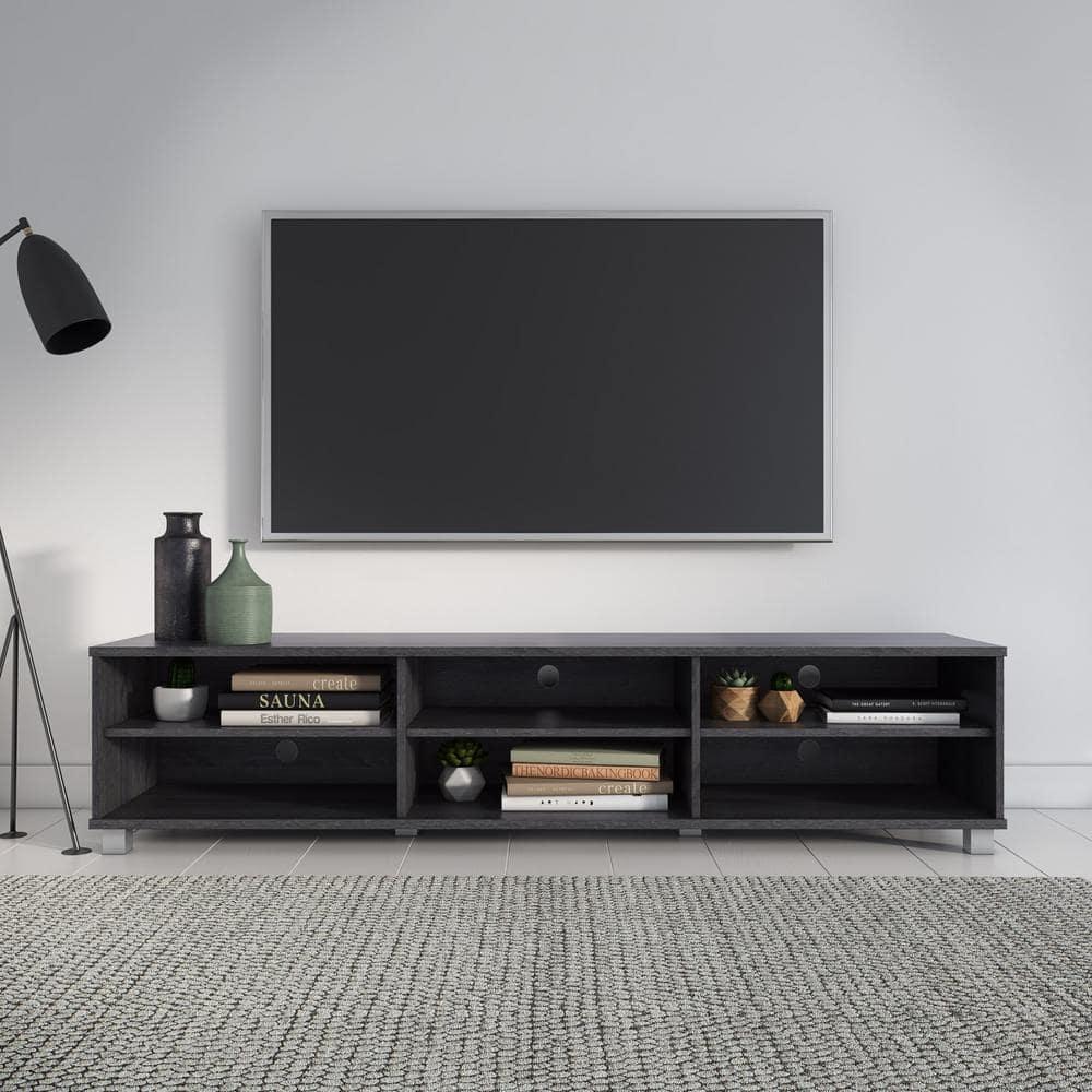 CorLiving Hollywood TV Stand for TVs up to 85" Wood Grain Gray : Modern Entertainment Center with Open Shelves, Adjustable Storage