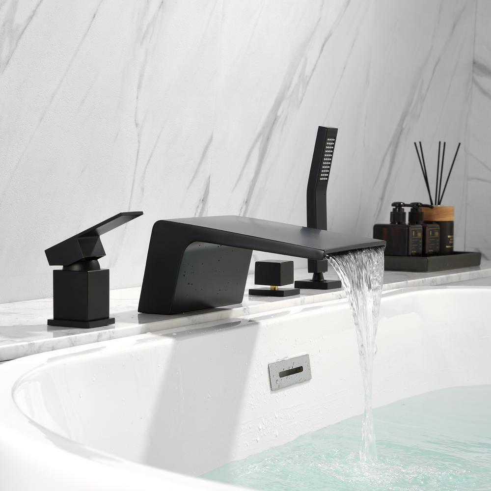 Boyel Living Single-Handle Shower Head Bathroom Bathtub Faucet, Deck Mount Roman Tub Faucet with Hand Shower and Water Suply Hose Waterfall Bath Tub Filler in Matte Black
