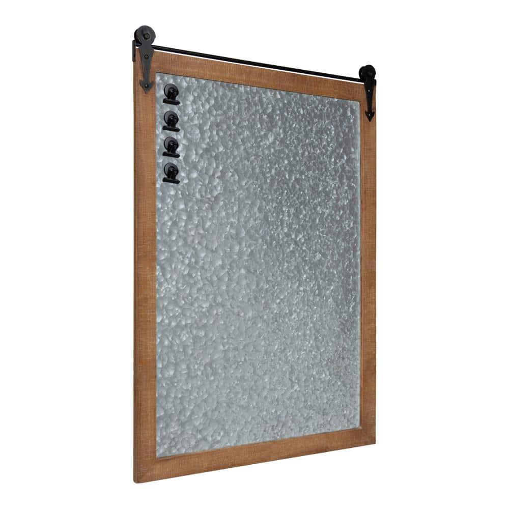 Kate and Laurel Cates Modern Farmhouse Barn Door Wood Framed Galvanized Metal Magnetic Memo Board, Rustic Brown