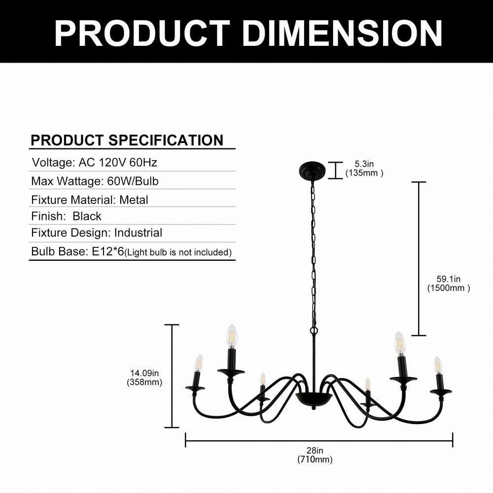 Black Chandelier 6-Light Chandeliers for Dining Room Rustic Farmhouse Chandelier Modern Kitchen Light Fixtures Ceiling Chandeliers Light Fixture for Living Room, Foyer, Bedroom, Hallway,