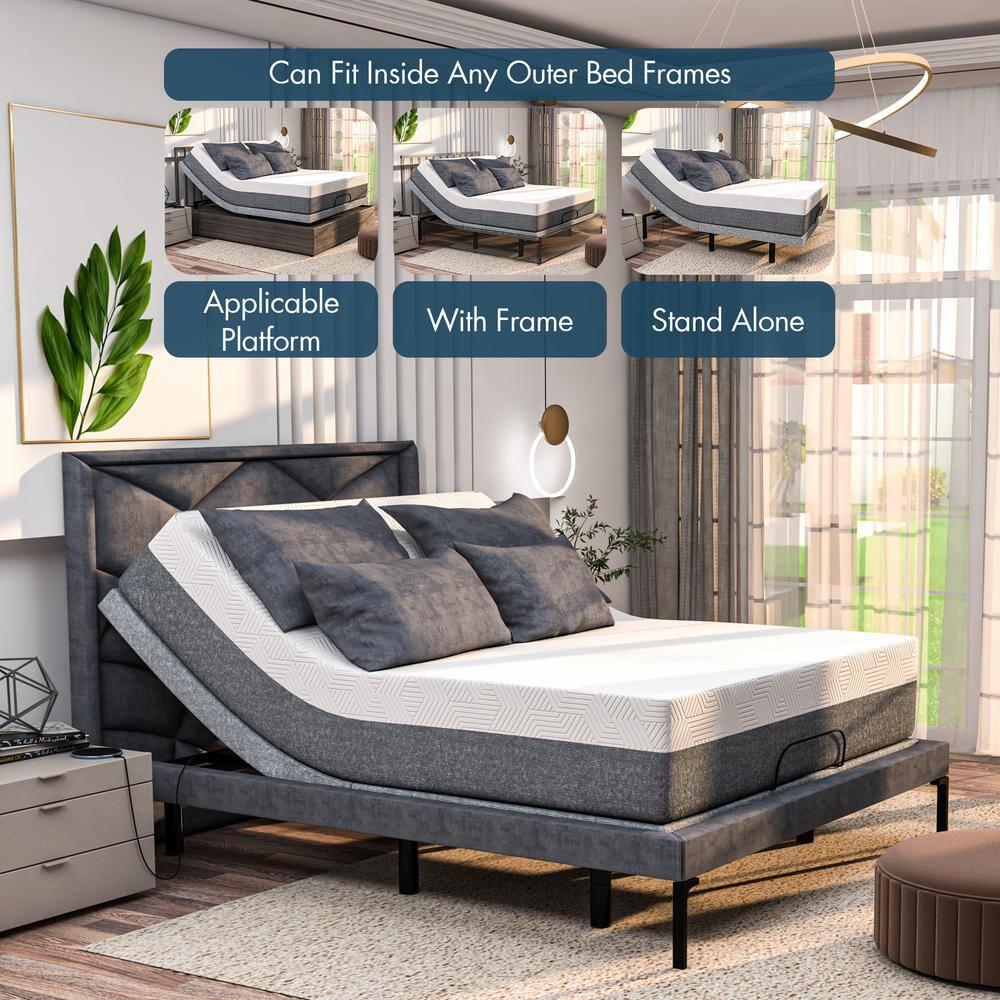 Renanim Serenityflex Adjustable Base & Hybrid Mattress – Split King-Size Adjustable Base with 12 in. Cooling Gel Mattress, Massage, USB Ports, Remote & Under-Bed Light – Reclining Electric Bed Frame