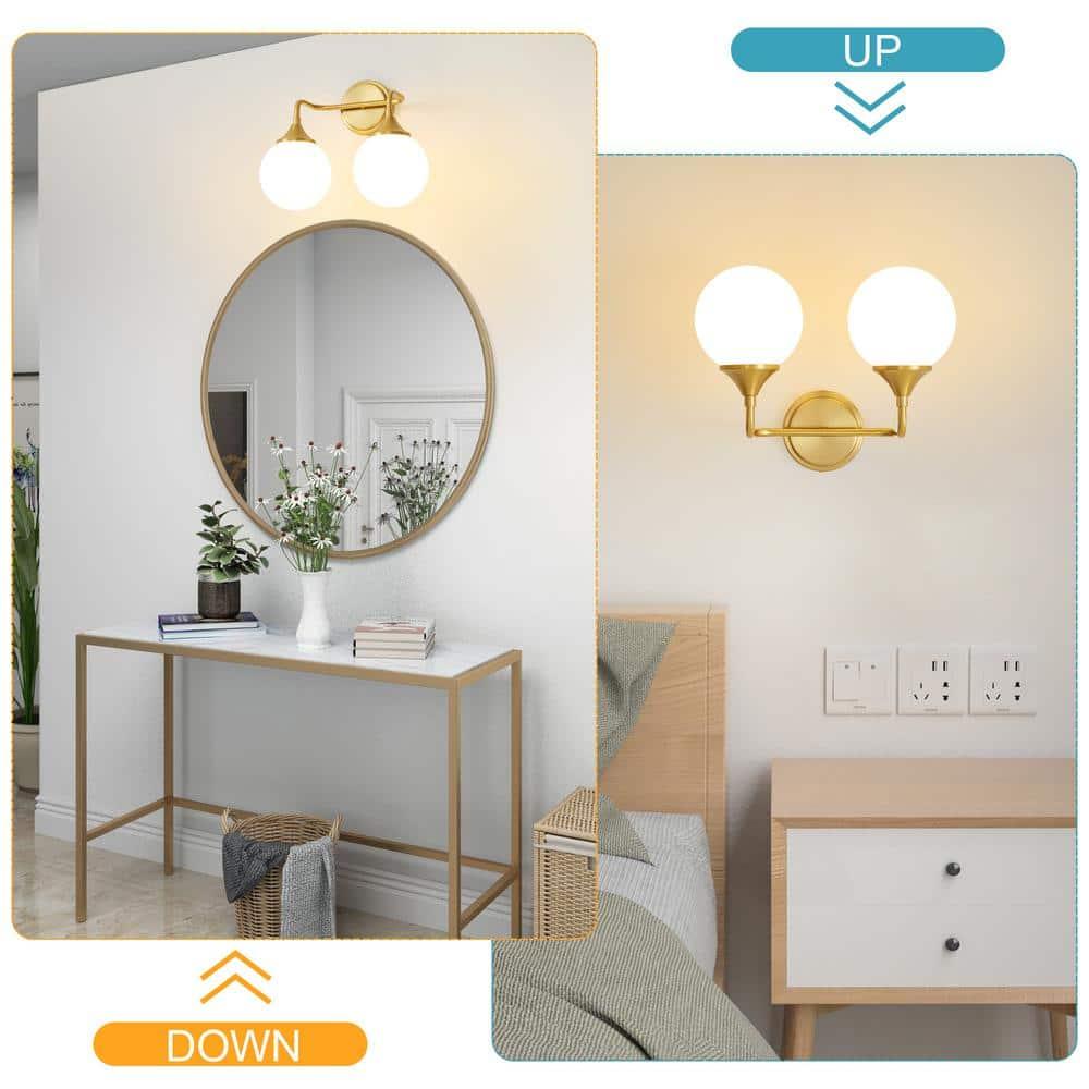 14.17 in. 2-Light Gold Vanity Light with Milk White Glass Shade, Suitable for Bathrooms Dining Room Powder Rooms