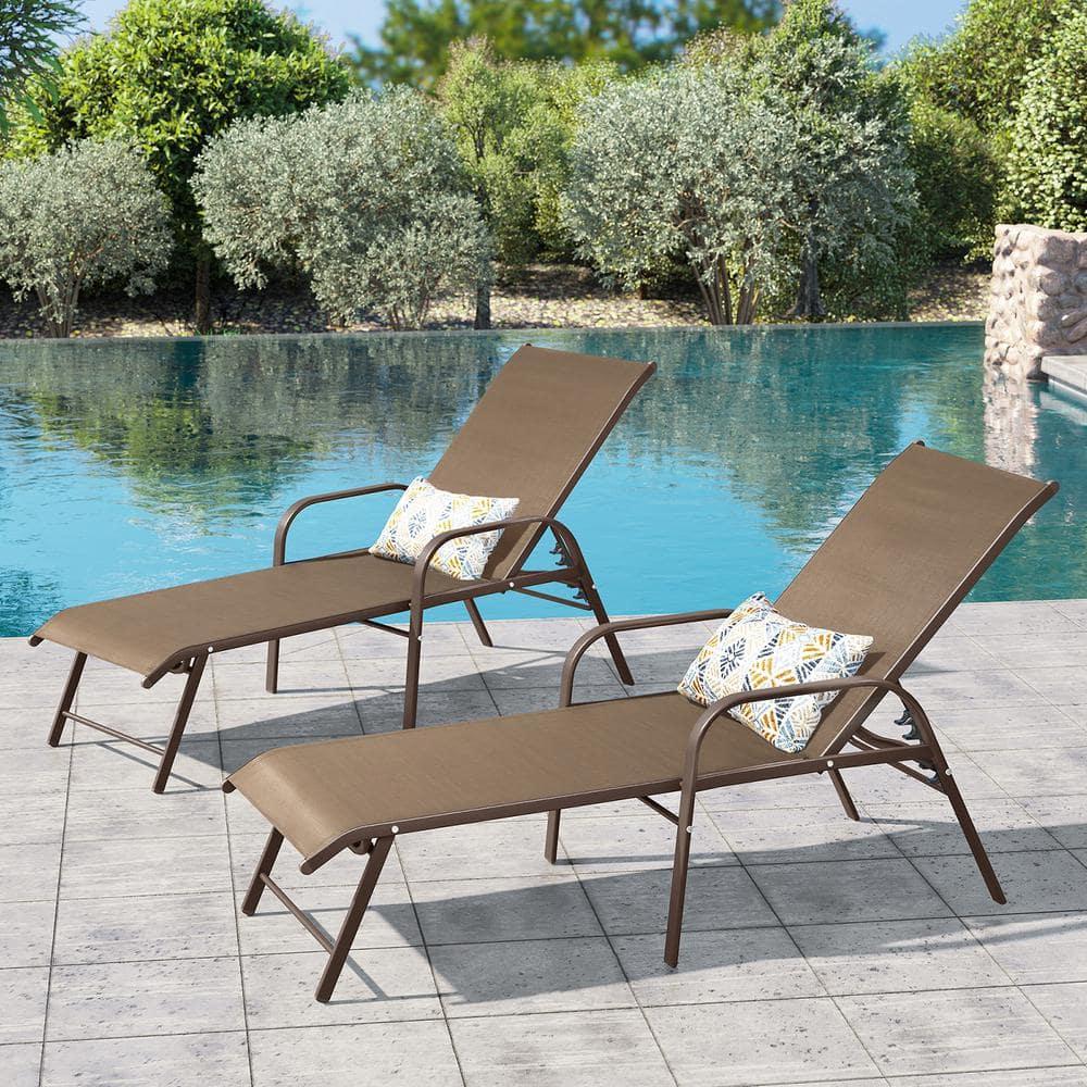 Crestlive Products Set of 2 Aluminum Patio Chaise Lounge Chairs Outdoor Recliners, Brown