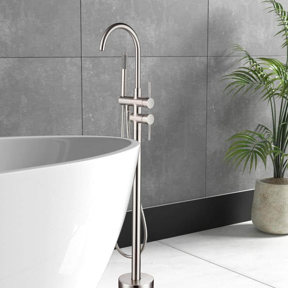 Double Handle Floor Mounted Freestanding Tub Filler With Handshower