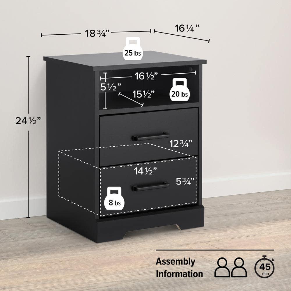 Prepac Rustic Ridge Farmhouse Nightstand with 2 Drawers and Open Shelf Black