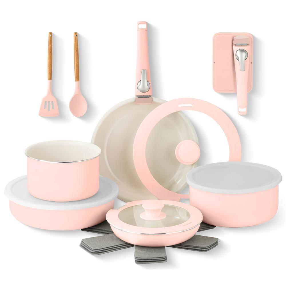 Gotham Steel Nonstick Pots and Pans 18 Piece Ceramic Induction Cookware Kitchen Set Detachable Handles Frying Skillet Pink