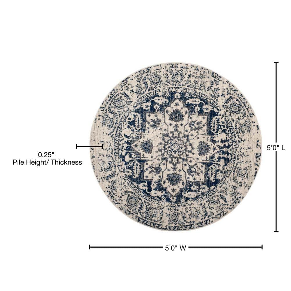 Madison MAD603 Power Loomed Indoor Area Rug - Cream/Navy - 5'3" Round - Safavieh