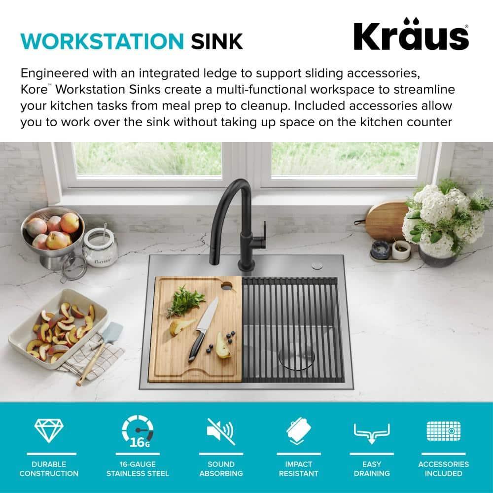 Kraus KWT311-25 KRAUS Kore™ Workstation 25-inch L Drop-In 16 Gauge Single Bowl Stainless Steel Kitchen Sink with Accessories