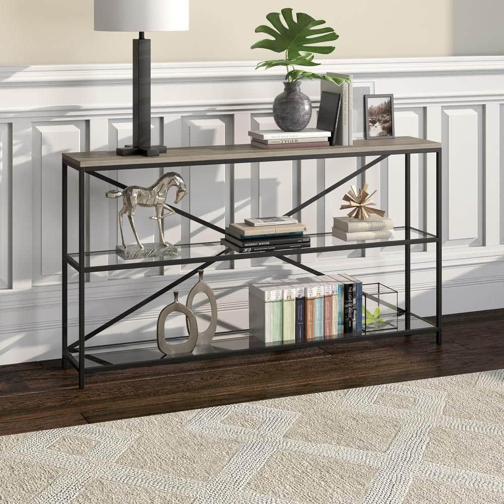 Evelyn&Zoe Fionn 55" Wide Rectangular Console Table, Blackened Bronze/Antiqued Gray Oak