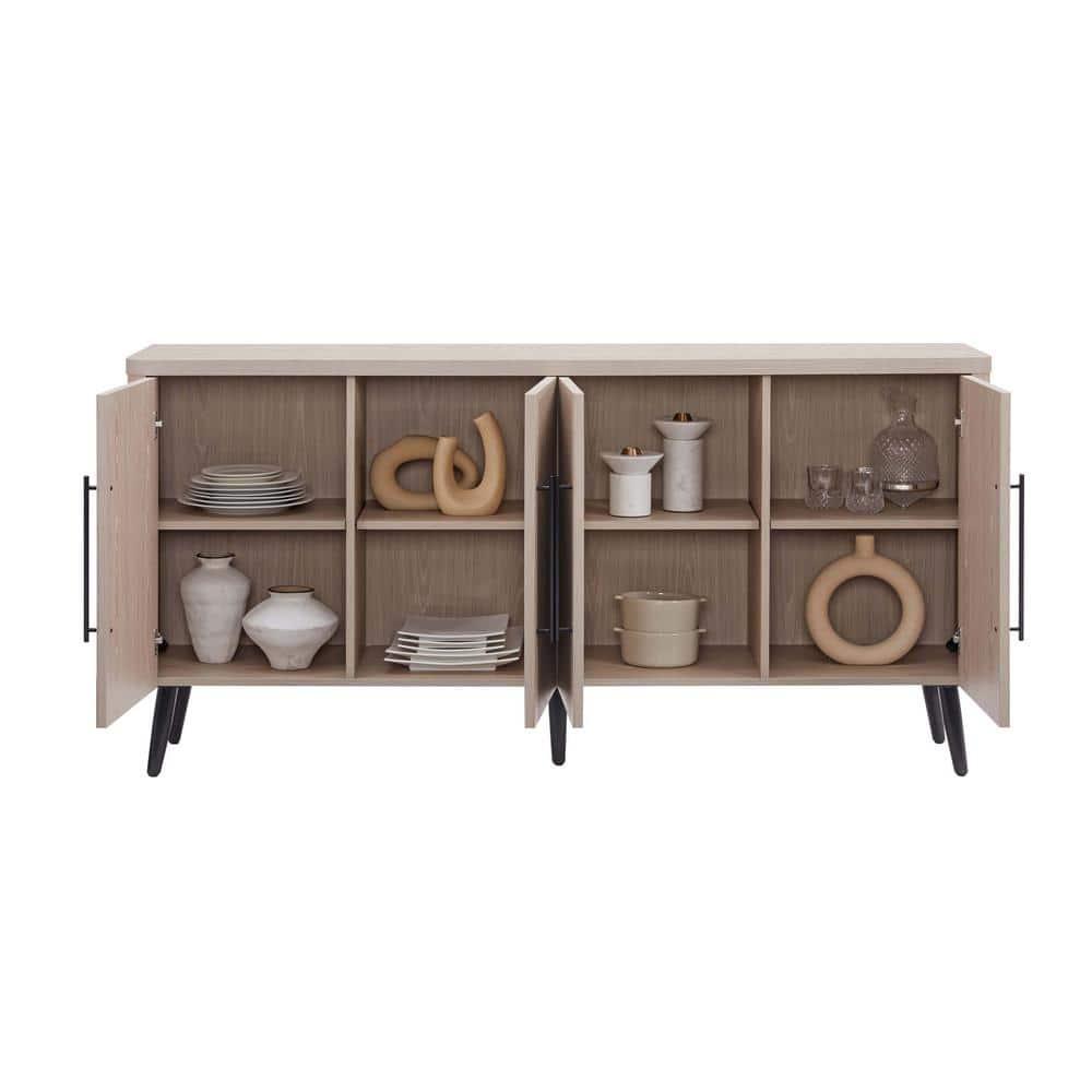 Manhattan Comfort Jodie 65" Mid-Century Modern Sideboard with 8 Adjustable Shelves in Whitewashed Oak