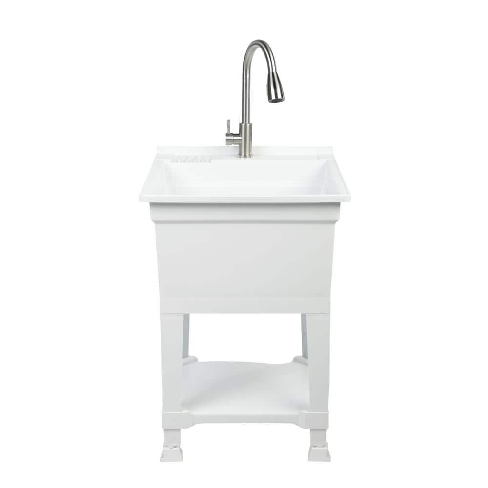 UTILITYSINKS Plastic 24" Freestanding Compact Utility Tub Sink for Workshop, Laundry Room, Garage, Greenhouse & Pet Wash Station, White