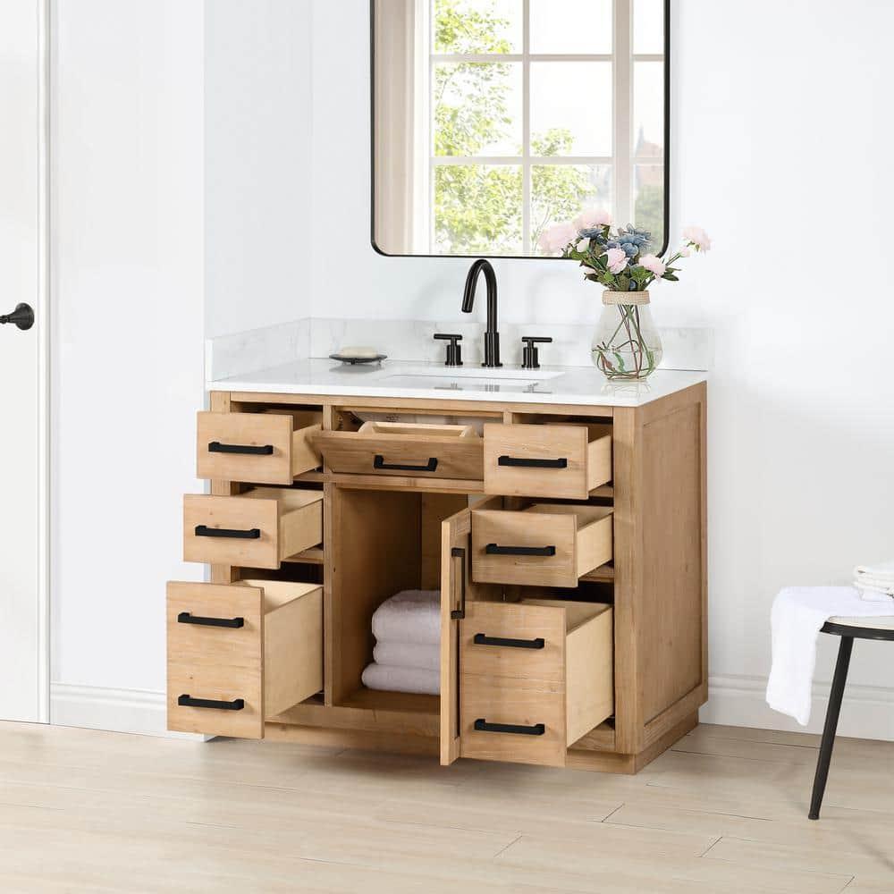 Gavino Tocador de Madera de 42" en Marrón Claro con Tapa de Piedra Compuesta sin Espejo