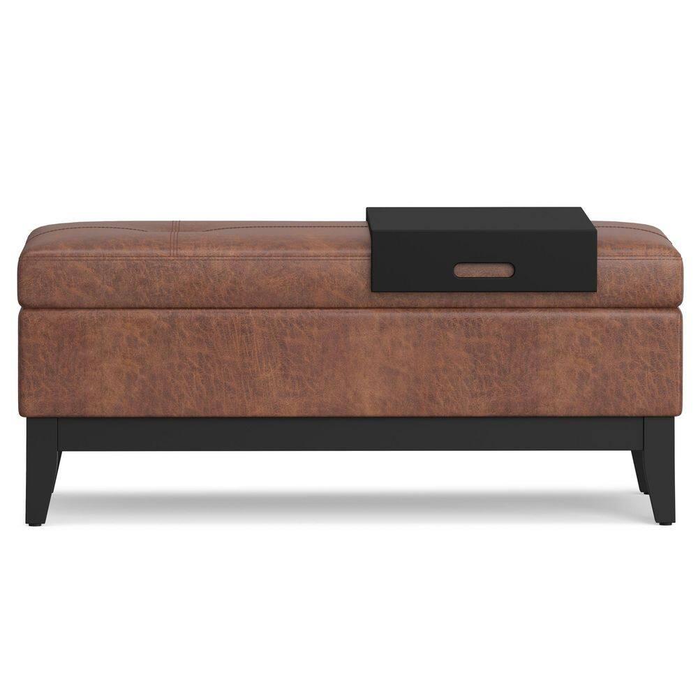 Simpli Home Oregon 42"W Upholstered Storage Ottoman Bench with Lift-Top Lid and Tray