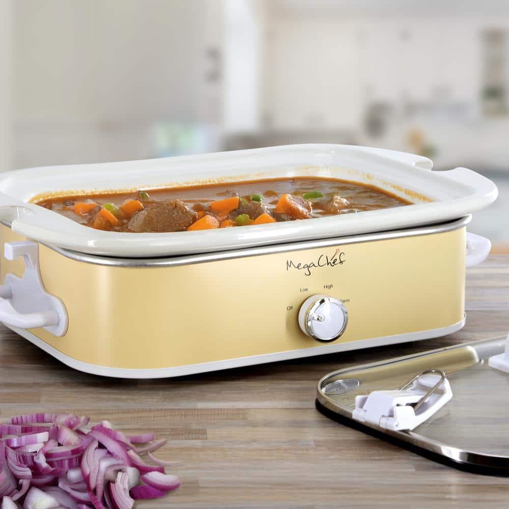 MegaChef 3.5qt Casserole Slow Cooker with 3 Temperature Settings Cream: Stainless Steel, Stoneware, Glass, Dishwasher-Safe Parts