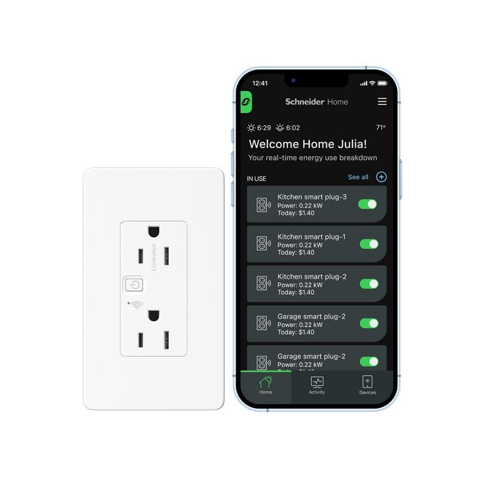 Square D by Schneider Electric X Series 15A 125V Wi-Fi Energy Monitoring Socket Outlet, Tamper Resistant, Needs Neutral Wire, Matter Certified, Compatible with Alexa, Google Home, Apple Home, White
