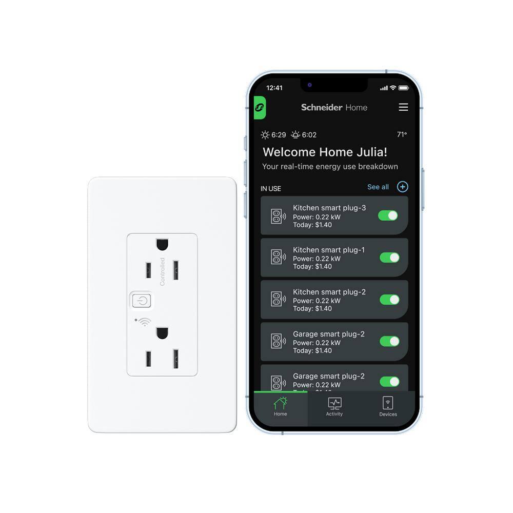 Square D by Schneider Electric X Series 15A 125V Wi-Fi Energy Monitoring Socket Outlet, Tamper Resistant, Needs Neutral Wire, Matter Certified, Compatible with Alexa, Google Home, Apple Home, White
