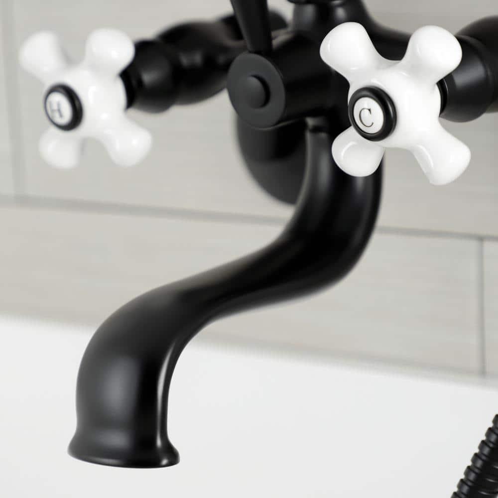 Kingston Brass Kingston Three-Handle 2-Hole Wall Mount Clawfoot Tub Faucet with Hand Shower