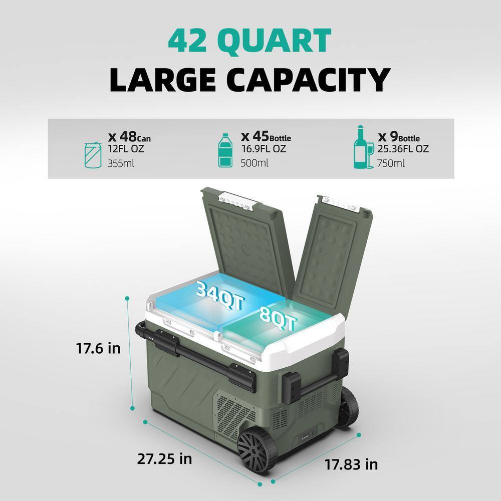 ALPICOOL 12V/24V/220V Portable Car Fridge, 42 Qt Dual Zones Large Capacity Freezer or Cooler for Freezing Food or Drink, Robust Wheels & Retractable Handle Portable Car Refrigerator for Easy Moving, Smart & User Friendly Design for Long-Trip, Camping, Picnic