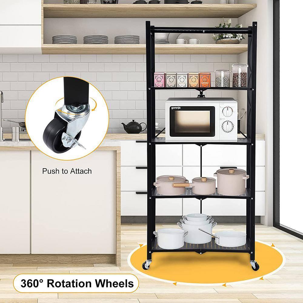 5-Tier Black Metal Kitchen Shelf Foldable Storage Rack with WheelsMultifunctional Cart